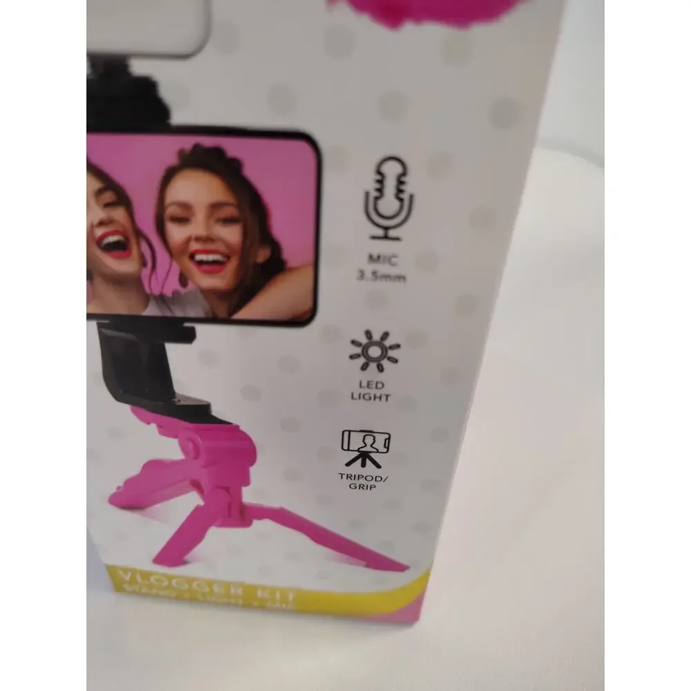 Isaac Mizrahi Vlogger Kit NEW Stand Light Mic Tripod Grip LED Pink